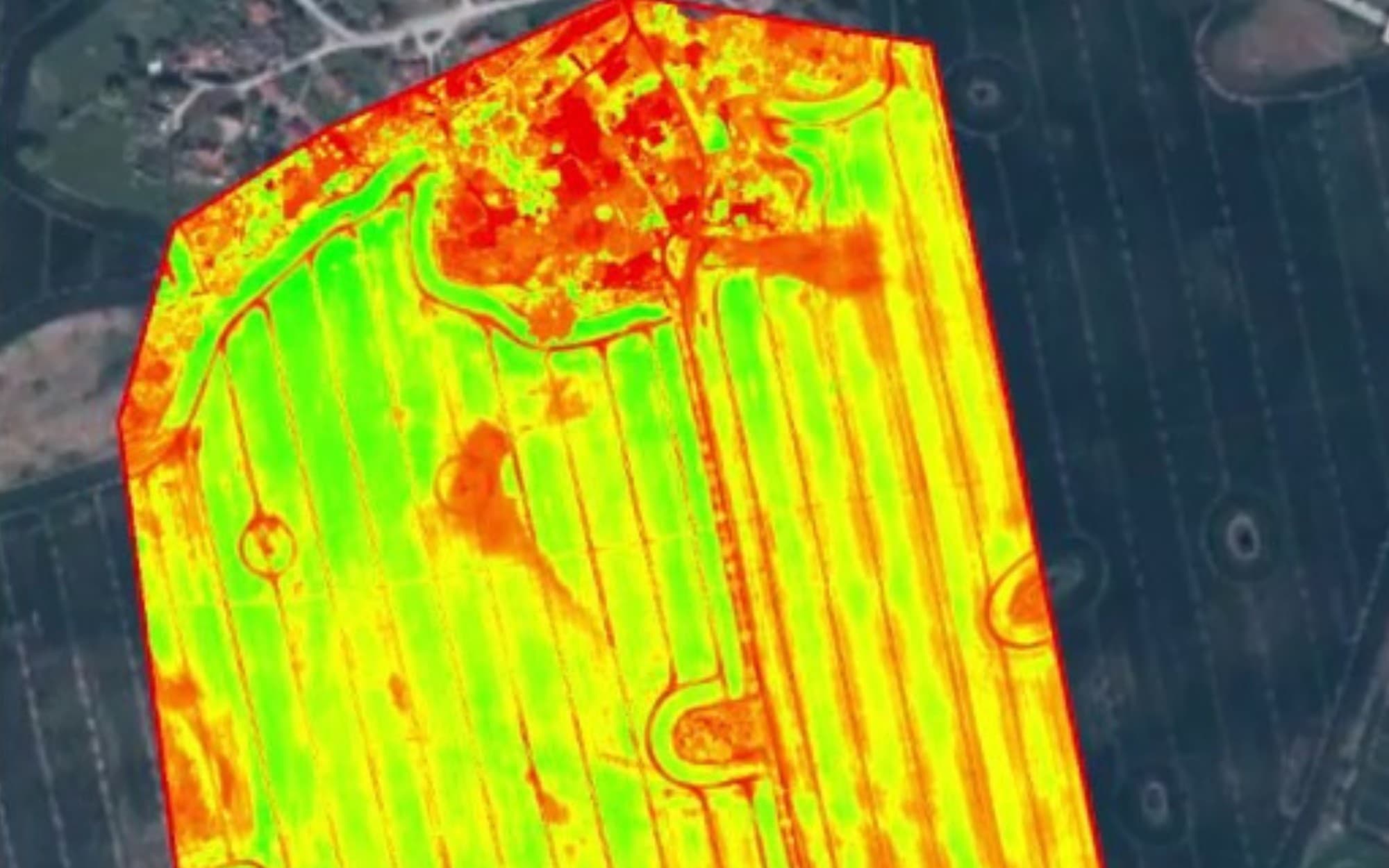 NDVI false-colour map of the same field showing stress zones in red/yellow and healthy vegetation in green